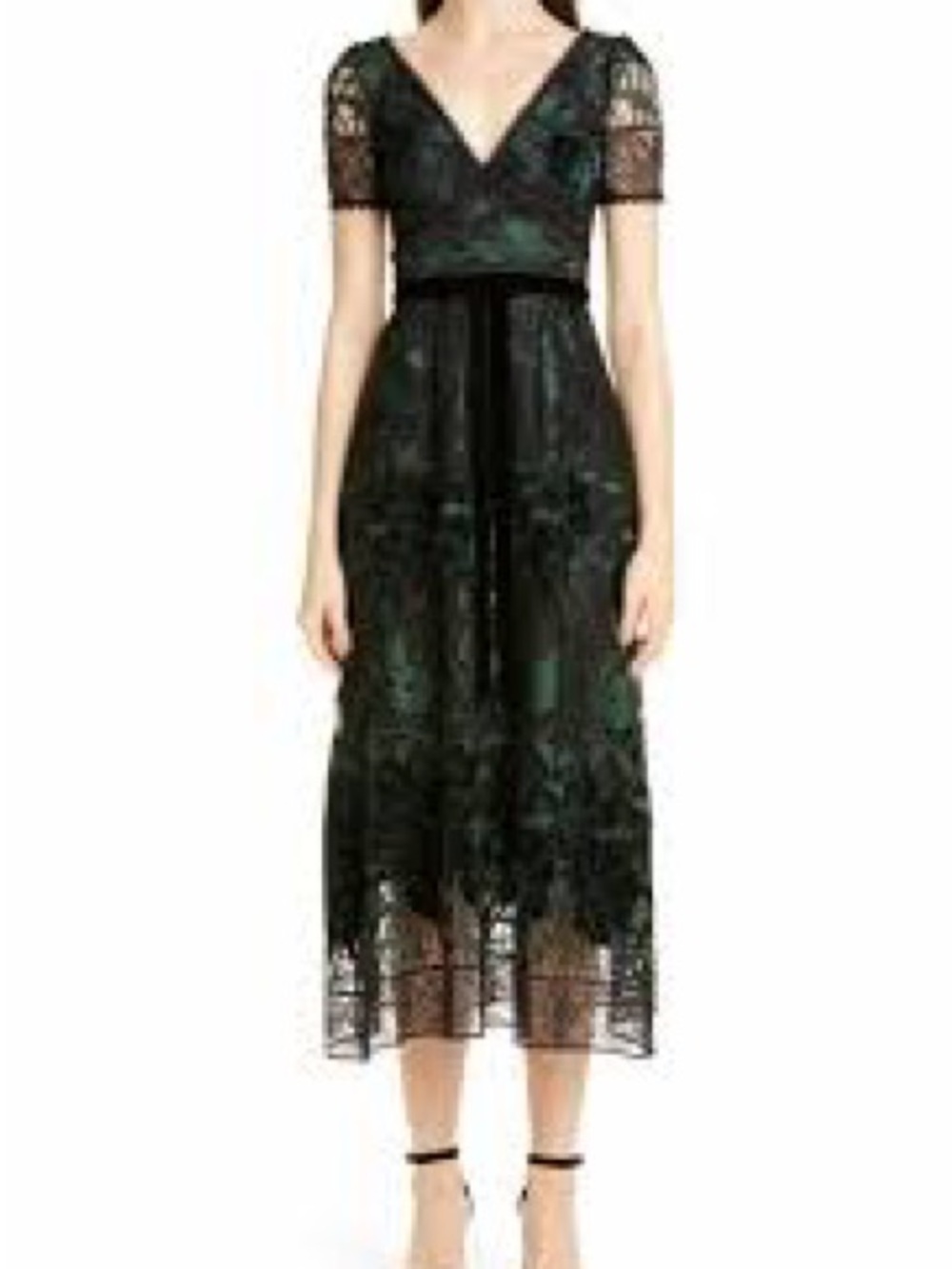 Marchesa Notte V-Neck Dark Green Lace and Velvet Midi Dress with Short Sleeves